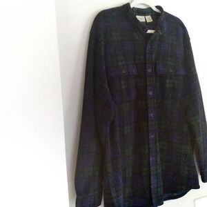 LLBean Plaid Flannel Shirt Shacket Navy‎ Green Mandarin Collar Gorpcore Large